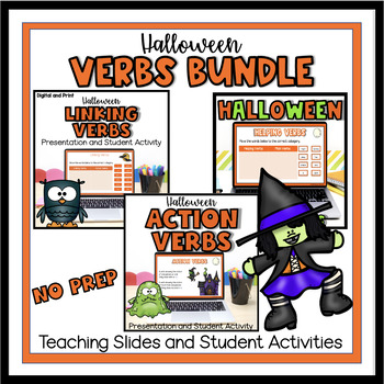 Preview of Halloween Verbs Bundle - Teaching Slides and Student Activities - NO PREP
