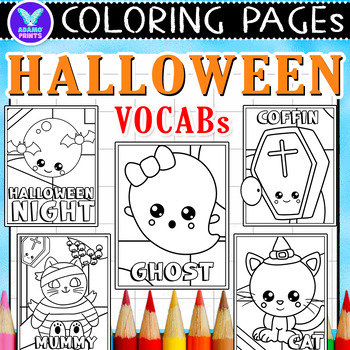 Preview of Halloween Vocabs Coloring Pages & Writing Paper Art Activities ELA No PREP