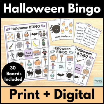 Preview of Halloween Vocabulary Bingo Game with Riddles or Inference Clues for Language