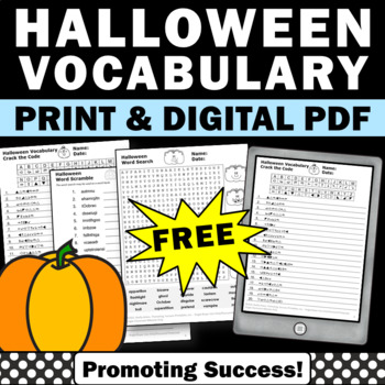 Preview of Free Halloween Worksheets Vocabulary Activities Word Search Scramble & Puzzle