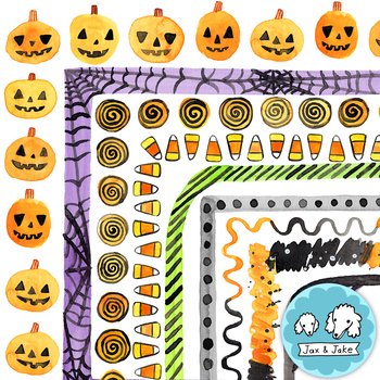 Preview of Halloween Watercolor Border Clipart - Fall Pumpkin, Spiderweb, and Candy Frames