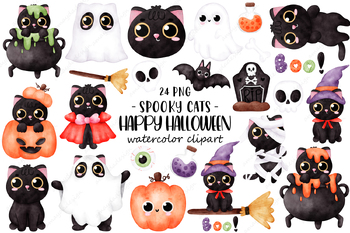 Preview of Halloween Watercolor Clipart, Cute Black Cat, Cats clipart