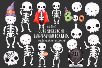 Preview of Halloween Watercolor Clipart, Skeleton Clipart