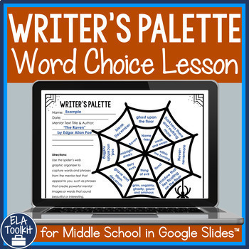 Preview of Halloween Word Choice Writing Lesson with Graphic Organizer and Worksheet Google