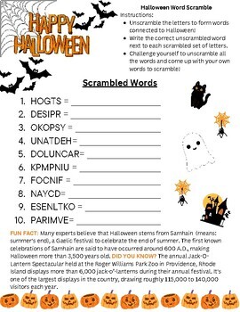 Preview of Halloween Word Scramble Puzzles, Holiday Classroom Activity, Brain Teaser