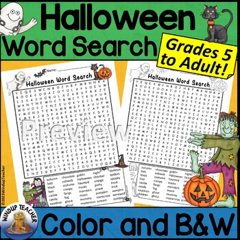 Preview of Halloween Word Search Activity Hard for Grades 5 to Adult