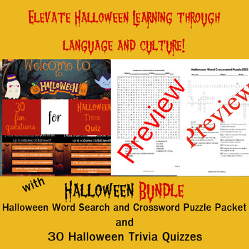 Preview of Halloween Word Search and Crossword Puzzle and 30 Halloween Trivia Quiz Bundle