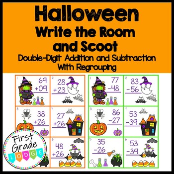 Preview of Halloween Write the Room/Scoot 2-Digit Addition and Subtraction With Regrouping
