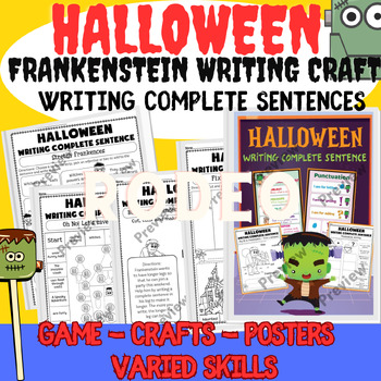 Preview of 50+ Halloween Writing Complete Sentence - Frankenstein Craft Writing Activities