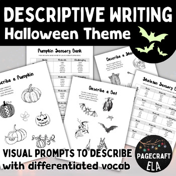 Preview of Halloween Writing | Describe a Pumpkin, Bat or Skeleton | Differentiated Vocab
