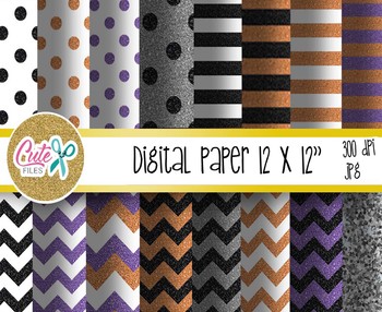 Preview of Halloween digital paper, glitter pattern, chevron, stripe
