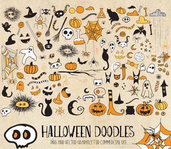 Halloween doodle clipart, hand drawn sketched png vector graphics