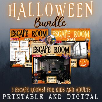 Preview of Halloween escape rooms bundle 3 rooms digital+printable ESL/EFL kids+adults