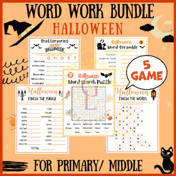 Preview of Halloween fall Word work BUNDLE phonic Finish the word scramble main idea middle