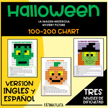 Preview of Halloween math center : MYSTERY PICTURE 100 - 200 Chart (English-Spanish) ESL