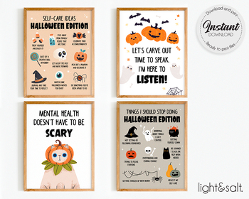 Preview of Halloween mental health posters set of 4, School counselor office decor, CBT
