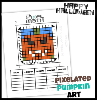 Preview of Halloween pumpkin pixel math worksheet to practice fractions, decimals, percent