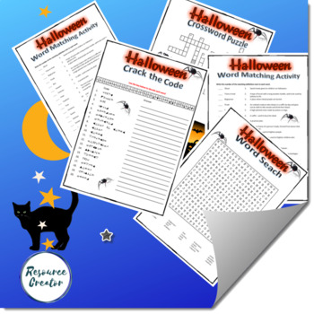 Preview of Halloween puzzles bundle - crossword, word search, word match, crack the code