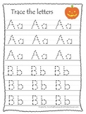Halloween themed A-Z Tracing printable preschool worksheet