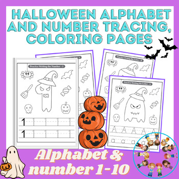 Preview of Halloween themed Alphabet and Number Tracing with Coloring Pages Activities