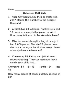 halloween themed math worksheet quiz for 4th grade by mrs fernandez