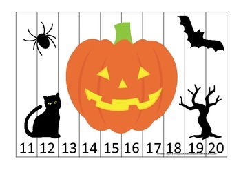 Preview of Halloween themed Number Sequence Puzzle 11-20 printable preschool learning game.