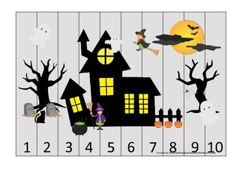 Preview of Halloween themed Number Sequence Puzzle printable preschool learning game.