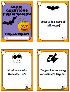 Halloween vocabulary - 30 ESL Halloween speaking prompt question cards
