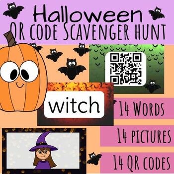 Preview of Halloween vocabulary QR code flashcards Scavenger Hunt with Worksheet