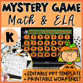 Preview of Hallowen Kindergarten Math ELA Mystery Game - PPT Game + Printable Worksheet