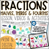 Halves, Thirds & Fourths Basic Fractions Worksheets | Less
