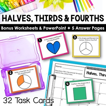 Preview of Halves, Thirds & Fourths and Partitioning Shapes Task Cards