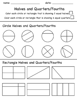 Preview of Halves and Quarters Fractions Color In Worksheet