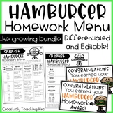 Hamburger Homework Menu l EDITABLE l DIGITAL Distance Learning
