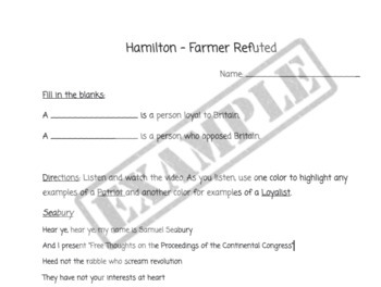 Preview of Hamilton Farmer Refuted - Patriot vs. Loyalist Worksheet - American Revolution