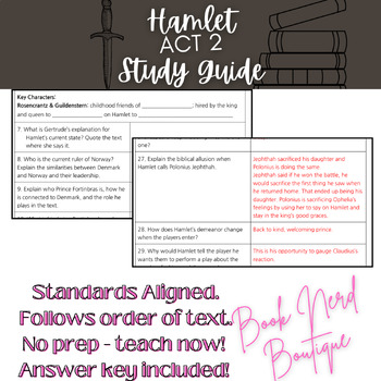 Preview of Hamlet Act 2 Reading Guide and Answer Key