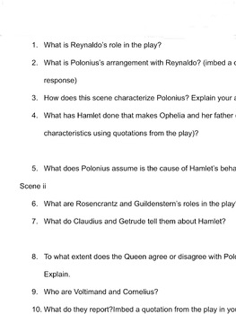 Preview of Hamlet Act 2 scene 1-2 Reading Guide Qs 