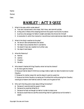Preview of Hamlet Act 3 Quiz