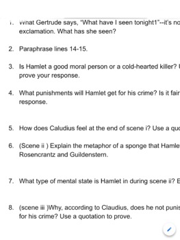 Preview of Hamlet Act 4 sciences 1-3 Reading Guide Qs 
