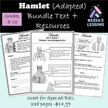 Preview of Hamlet Acts 1-5 Adapted bundle Worksheets Adapted Text Spec.ed/ESL