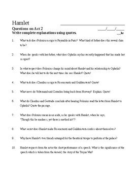 Preview of Hamlet Questions Act Two