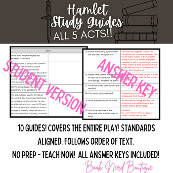 Preview of Hamlet Reading Guides with Answer Keys for the Entire Play - 10 Guides!!