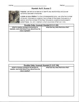 Preview of Hamlet Worksheets with Double-Entry Journals & Guiding Questions