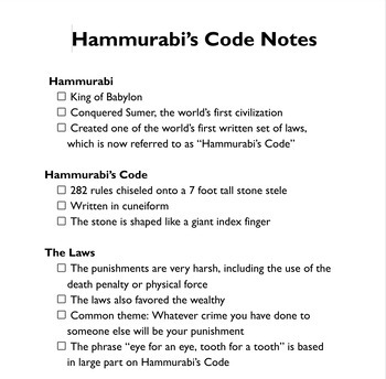 Preview of Hammurabi's Code Activity and Notes