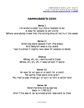 Preview of HAMMURABI'S CODE lyrics and worksheets for online music video