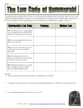 Hammurabi's Code Analysis Worksheet by Students of History | TpT