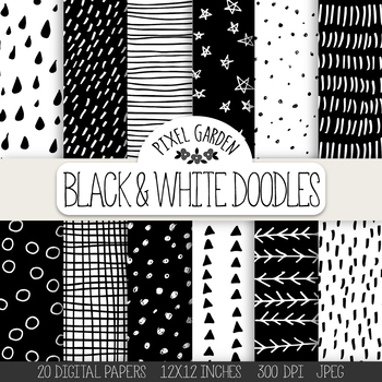 Preview of Hand Drawn Doodle Digital Papers & Backgrounds - 20 Black and White Images.