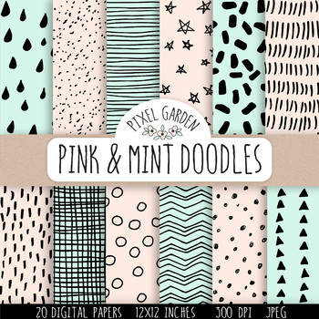 Preview of Hand Drawn Doodle Digital Papers & Backgrounds in Mint and Peach - 20 Images.