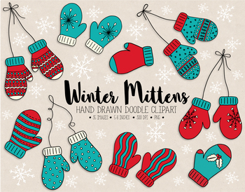 Preview of Hand Drawn Mittens Clipart. Nordic Doodle Winter Clothing Clip Art.