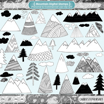 Preview of Zen Mountain Clip Art, Nature Graphics, Line Art Doodles, Growth Mindset!